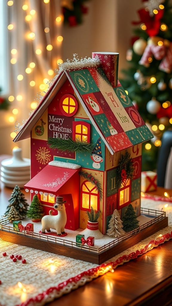 Christmas Card House Craft A charming Christmas card house crafted from old holiday cards, decorated with glitter and lights.